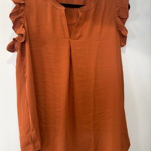 Zenana Outfitters Rust Ruffle Sleeve Split V-Neck Blouse